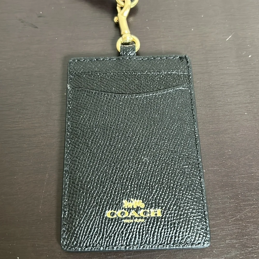 COACH Id Lanyard Black Gold Logo Crossgrain leather Credit Card Slots NEW